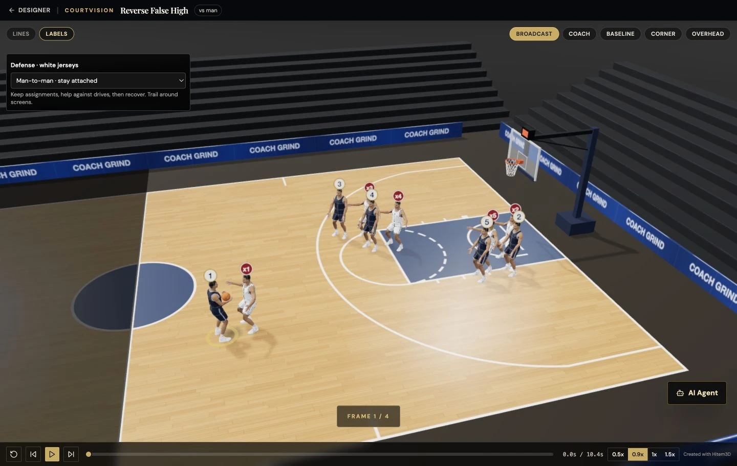 A basketball set in CoachGrind CourtVision, with players on a three-dimensional hardwood court