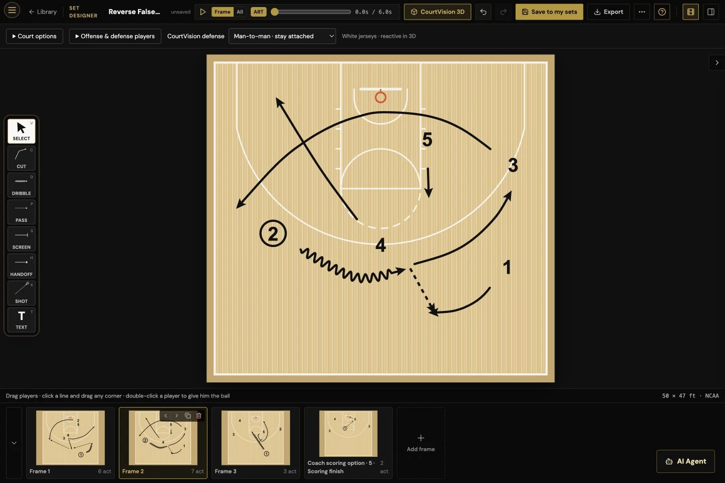 CoachGrind basketball set designer with a court, player movements, and set editing tools