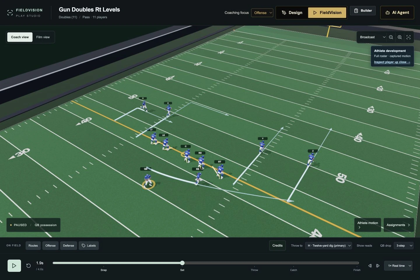 A football play in CoachGrind FieldVision, with players and routes on a three-dimensional field