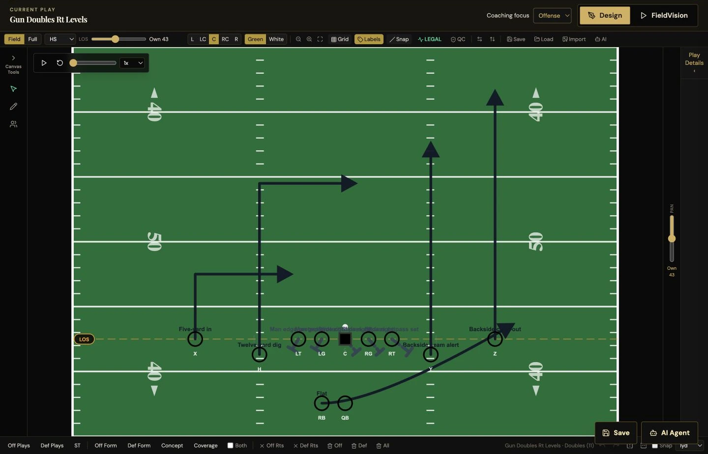 CoachGrind football play designer with player alignment, routes, and coaching tools
