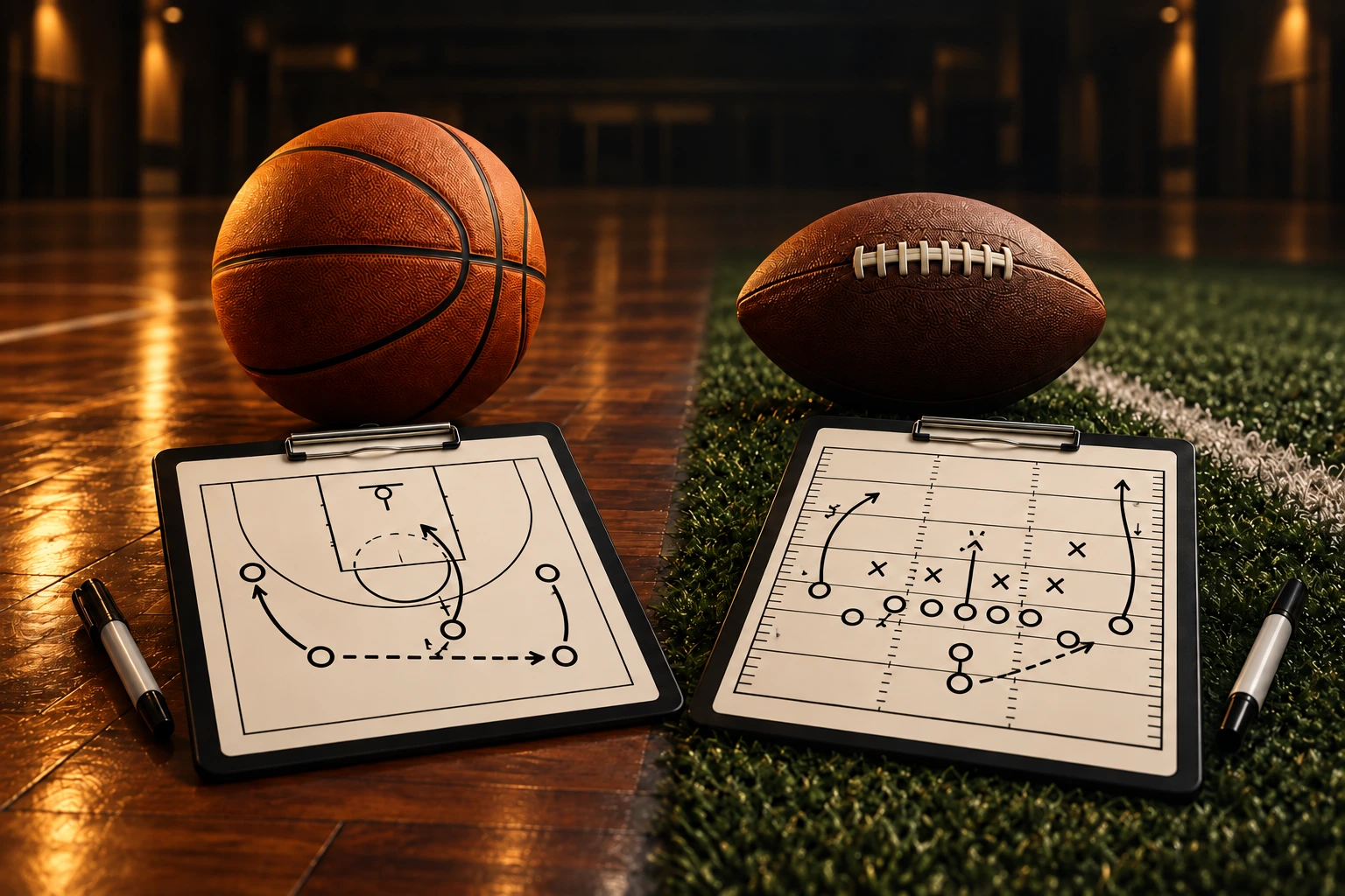 Football and basketball beside their playbook clipboards, with field and court diagrams on the coaching pages